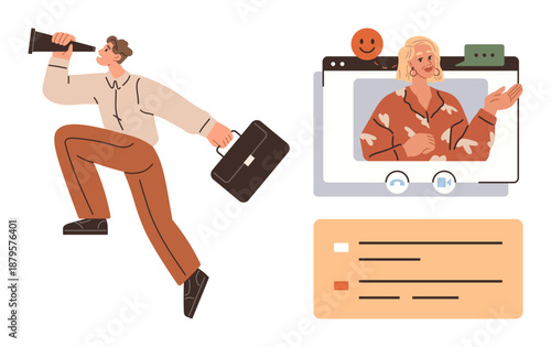 Business communication, teamwork, remote collaboration, virtual meetings, goal setting, digital strategy. A businessman with a briefcase interacts virtually. Emphasizing remote collaboration