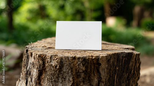 Wallpaper Mural 森の静かな木漏れ日の中で、切り株の上に置かれた真っ白な名刺、モックアップ Torontodigital.ca