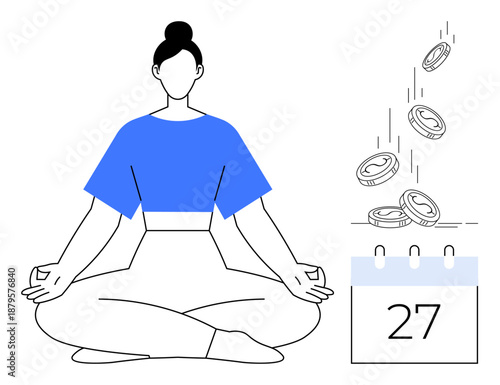 Personal finance, mindfulness practices, time management, budgeting, wealth growth, meditation. A woman in meditation pose near falling coins and a calendar. Personal finance and mindfulness