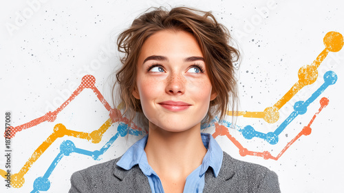 Optimistic businesswoman upward graph data analytics growth concept market trend success strategy office professional smiling