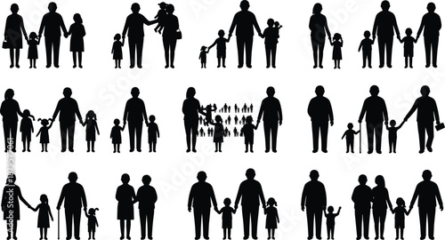 Family silhouettes, diverse groupings, modern family concept, adults and children, community unity, generational bonds, black figures, inclusive structure