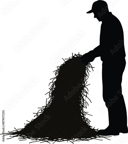 Farmer feeding cow with hay, livestock silhouette, rural agriculture scene, farm animal care, black vector illustration, village farming, hay work concept