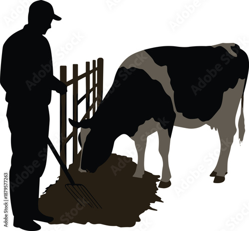 Farmer feeding cow with pitchfork, livestock silhouette, rural agriculture scene, farm animal care, black vector illustration, village farming, hay feeding concept