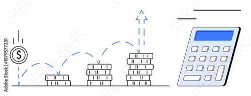 Financial planning, investment strategies, savings, income growth, budget analysis, money management. Coin stacks increasing in height, a dollar symbol and a calculator. Financial planning