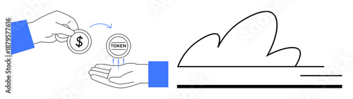 Cryptocurrency, fintech, digital transactions, blockchain, investment, online banking. A coin with a dollar symbol exchanged for a token near a cloud symbol. Cryptocurrency and fintech concept