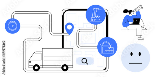 Supply chain, logistics, delivery tracking, transportation, business planning, technology use. Truck, map routes stopwatch and person monitoring on a laptop. Supply chain and logistics concept