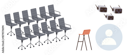 Business environment, virtual technology, workplace furniture, digital interactions, online meetings, and modern seating. Rows of office chairs, VR headsets barstool and user icon. Business