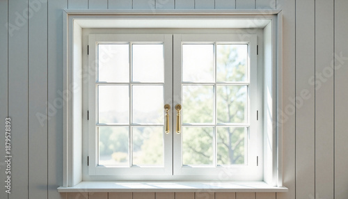  Sunlit white window frame with glass panes indoors