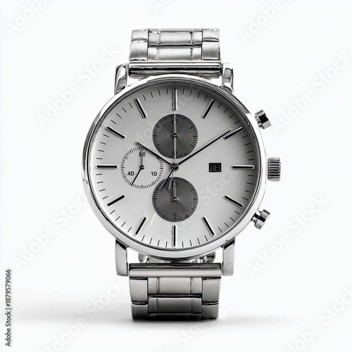 Silver wrist watch. White face, chrome band, chrono sub-dials