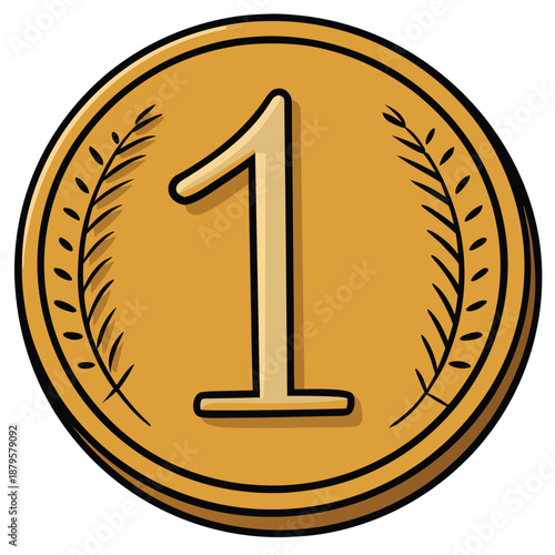 A prestigious minimalist flat vector illustration of an antique gold medallion coin for number one ranking and award concepts isolated on a white background for success and winner design.