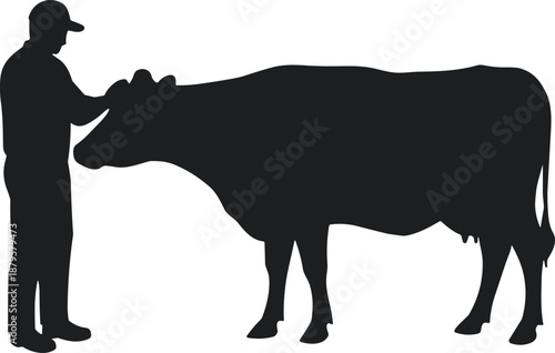 Farmer touching cow head silhouette, livestock care illustration, rural agriculture scene, farm animal compassion, black vector artwork, pastoral village design