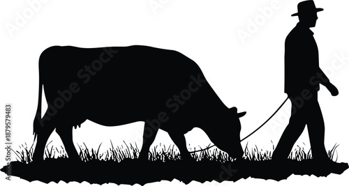Farmer walking cow on leash, livestock silhouettes, rural agriculture scene, farm animal care, black vector illustration, village farming, pastoral design
