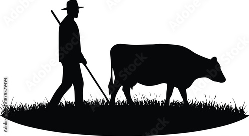 Farmer walking with cow silhouette, rural livestock scene, agriculture concept, farm animal care, black vector illustration, village farming, pastoral design