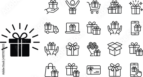 Gift icon set, black and white, celebration, shopping, delivery, e-commerce, giving, receiving, mobile, laptop, excitement, retail