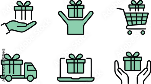 Gift box icons, e-commerce concept, online shopping, delivery service, mobile gifting, celebration symbols, present exchange, festive packaging, digital retail, customer reward, surprise gift,
