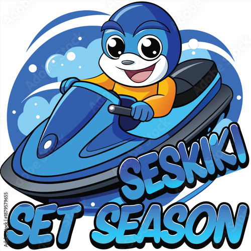 A fast minimalist flat vector illustration of a blue jet ski for water speed and season concepts isolated on a white background for tropical travel and adventure related design projects today.