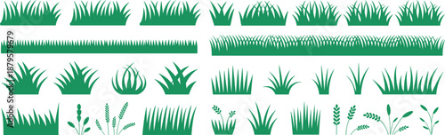 Grass and plant silhouettes, green vector icons, natural theme, blade shapes, foliage design, botanical graphics, plant set, minimal style, silhouette pack, landscape elements, black artwork,