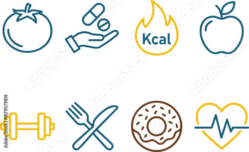 Health and fitness icons, tomato, apple, pills, calories, dumbbell, donut, heartbeat, nutrition, exercise, wellness, food, diet, supplement, activity, heart health, calorie burn, healthy habits,
