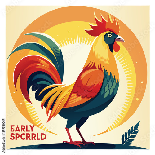A lively minimalist flat vector illustration of a bright yellow rooster crowing for early bird special offers isolated on a white background for food and farm related design projects.