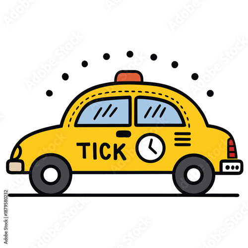 A busy minimalist flat vector illustration of a bright yellow taxi meter tick for fare and urban travel concepts isolated on a white background for city and transport related design.