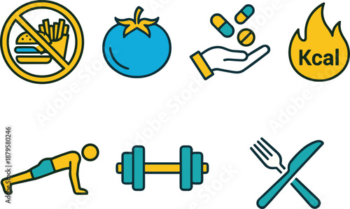 Healthy lifestyle icons, fast food ban, tomato, supplements, calorie burn, plank exercise, dumbbell, meal planning, fitness, nutrition