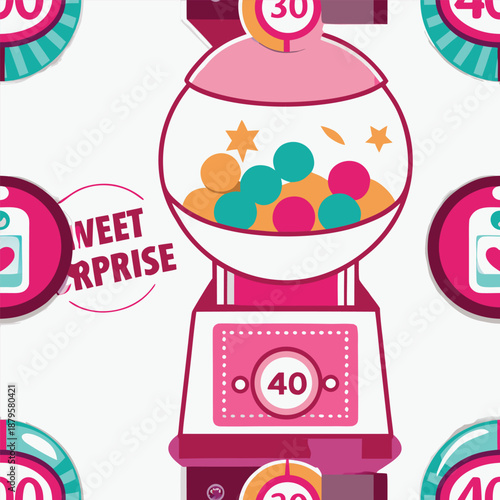 A nostalgic minimalist flat vector illustration of a pink bubble gum machine dome for surprise discounts isolated on a white background for toy and sweet shop concept design projects.