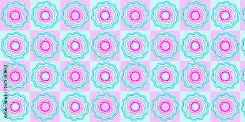 Wallpaper Mural Soft pastel seamless tile pattern featuring pink and turquoise floral mandala motifs arranged in a clean grid layout. This decorative repeating design is ideal for fabric printing, wallpaper Torontodigital.ca