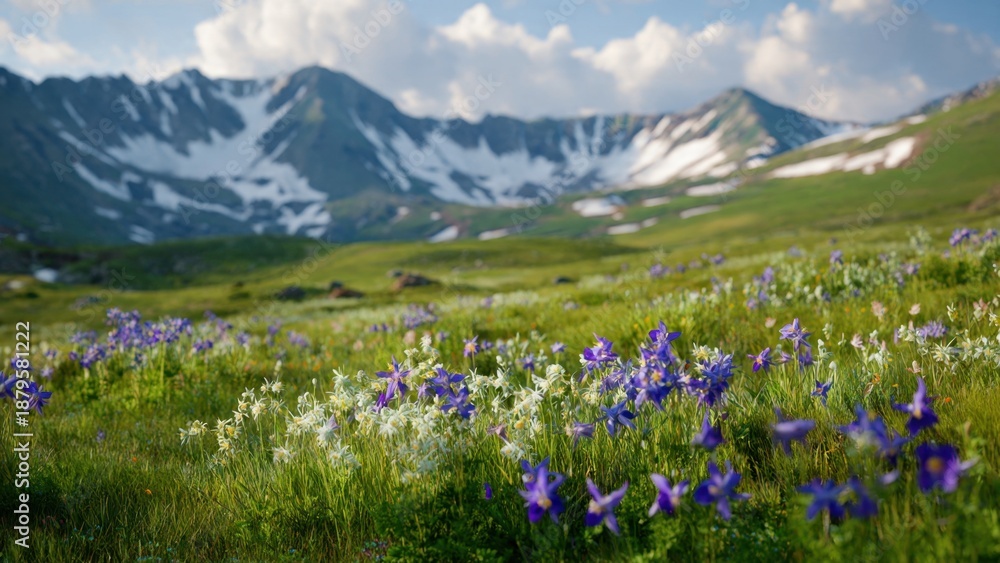 Fototapeta premium Mountain meadow with columbine flowers