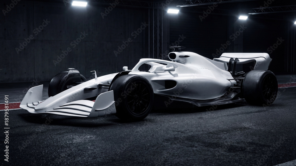 Fototapeta premium white matte formula 1 racing car on a night track under spotlight illumination side view emphasizing long wheelbase and complex rear wing elements for 2026 championship