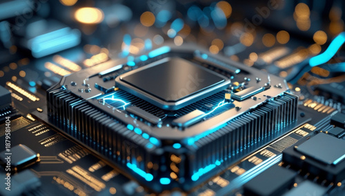 Futuristic CPU Processor with Glowing Blue Circuits and Metallic Details