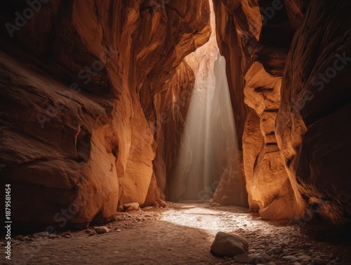 Sunlight streams into narrow desert sandstone canyon
