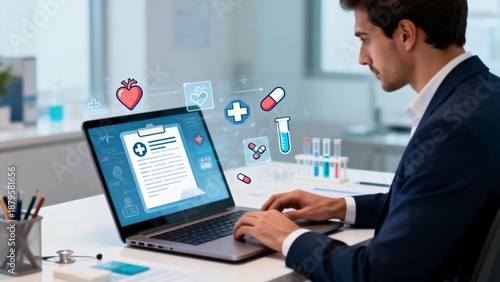 Man working on laptop with medical icons