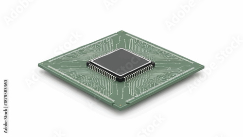 A detailed digital microchip processor, a square silicon computer component with many pins, on a light background