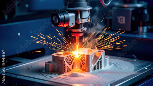 Industrial metal 3D printing with laser welding producing bright sparks and molten detail workshop setting, intense atmosphere