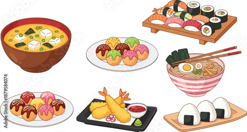 Japanese food illustration set, sushi, ramen, tempura, onigiri, donuts, miso soup, vector cartoon collection for menu, restaurant, branding