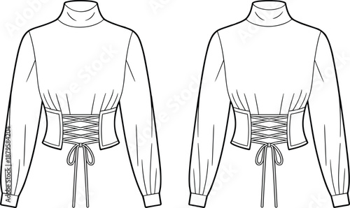 Long-sleeved top with corset-style lace-up waist – technical fashion illustration