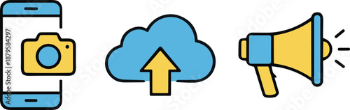 Mobile photo capture, cloud upload, digital sharing, smartphone icon, cloud storage, megaphone symbol, media workflow, online communication, tech process, image transfer, social media,