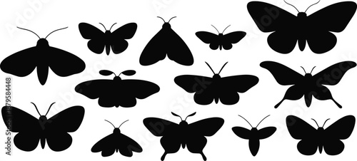 Moth silhouettes, insect vector icons, black shapes, wing patterns, entomology design, nature theme, flying insects, graphic illustration, moth collection, diverse species, antenna styles,
