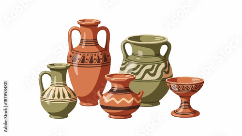 A collection of ancient ceramic pottery with intricate designs, evoking historical artistry and cultural heritage