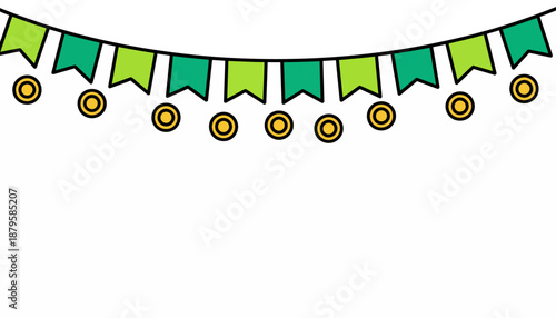 A festive string of green pennant banners with golden coin decorations on a white background, perfect for celebrations.