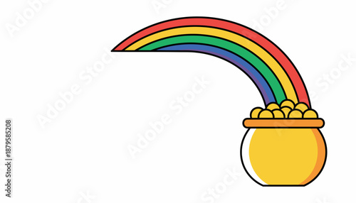 Vibrant rainbow arching into a golden pot filled with coins, symbolizing luck and treasure.