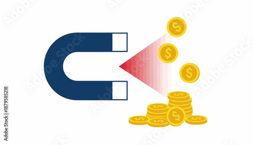 Blue horseshoe magnet attracting gold coins, symbolizing financial success, wealth generation, and economic prosperity.