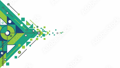 Abstract geometric design with interconnected shapes in green and blue, forming a dynamic, forward-moving pattern on a white background, suggesting technology or data flow.