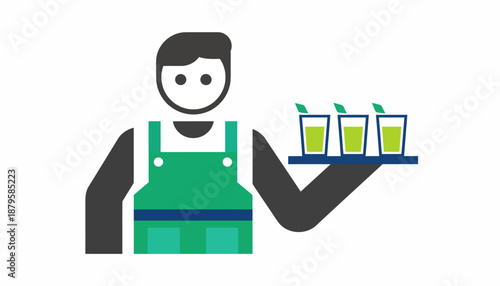 Stylized illustration of a server holding a tray with three green drinks, possibly juice or cocktails, garnished with leaves.