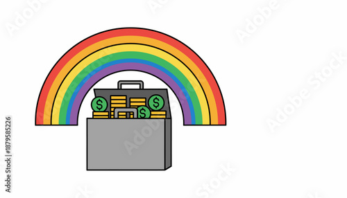 A colorful rainbow arches over an open grey briefcase overflowing with gold coins and green dollar signs, symbolizing wealth and fortune.