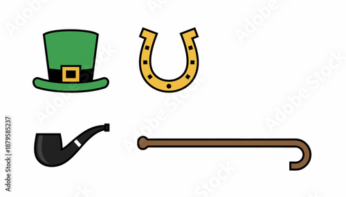 Collection of St. Patrick's Day symbols including a green hat, golden horseshoe, pipe, and walking stick on a white background.