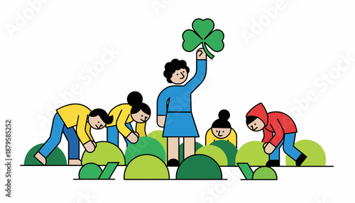 Stylized illustration of people searching for shamrocks in a green field, with one person proudly holding up a large three-leaf clover.