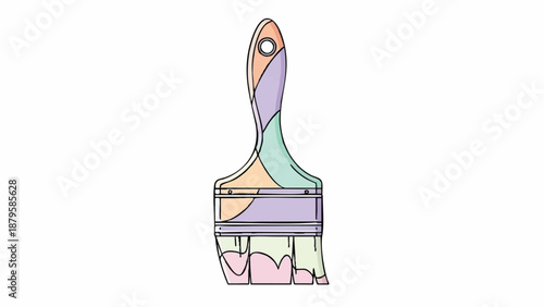 Artistic illustration of a paint brush with a multi-colored handle and bristles dipped in pastel paint, perfect for creative projects and DIY endeavors