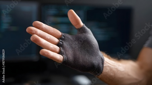 Hand in a fingerless glove interacting with a glowing computer screen displaying code in a modern workspace