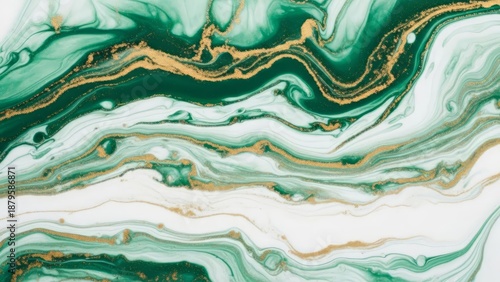 Abstract painting in the “liquid art” style in green, white, and gold colors – texture imitating marble. AI generated.